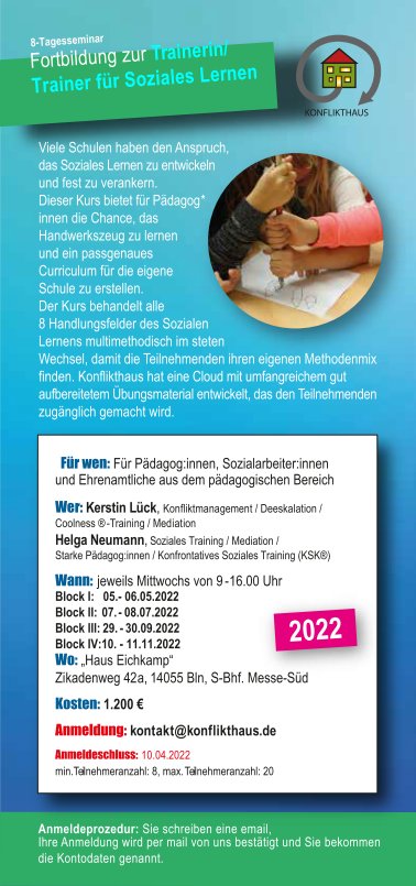 Vorschau Flyer: Fortbildung zur Trainer_in für Soziales Lernen 2022