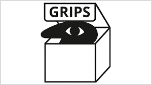 Logo vom Grips Theater (Person im Profil schaut aus einem Karton auf dem GRIPS steht)