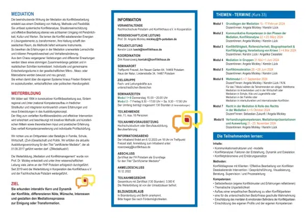 Vorschaubild Infoflyer Grundkurs 34 Mediation und Konfliktmanagement 2024 Seite 2